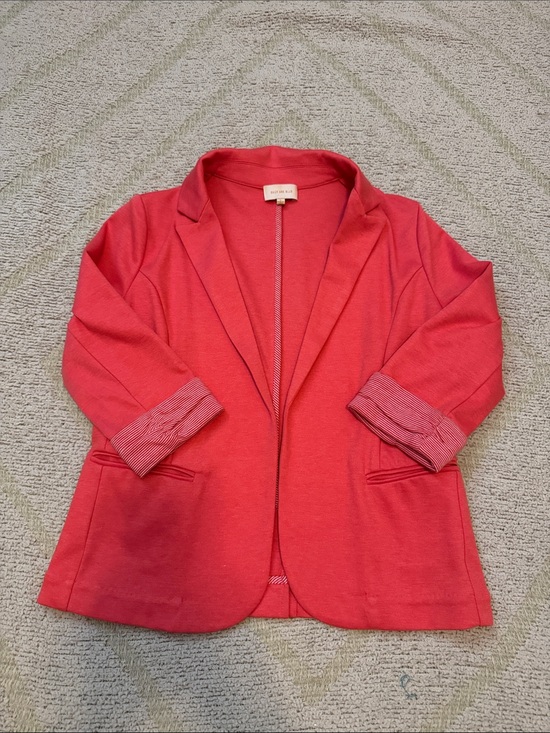 Skies Are Blue Jackets & Blazers - Skies Are Blue Coral Open Front Knit Blazer Ruched Sleeve Jacket Women’s Small
